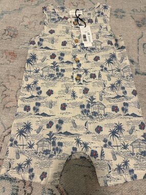 Sleeveless Tropical Print Romper - Blue & Cream